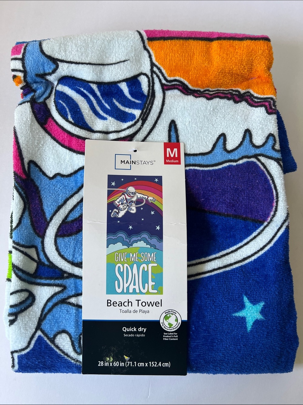 Mainstays Astronaut Space Beach Towel - Blue, Orange, Pink, White Medium New